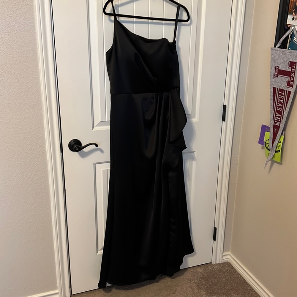 Black one shoulder satin bridesmaid dress
